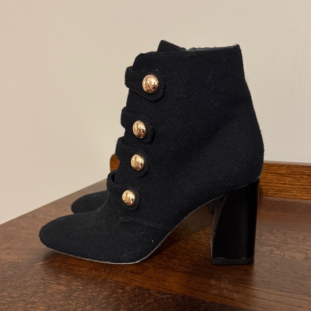 Tory Burch Wool Elegant Black Ankle Boots with Gold Accents